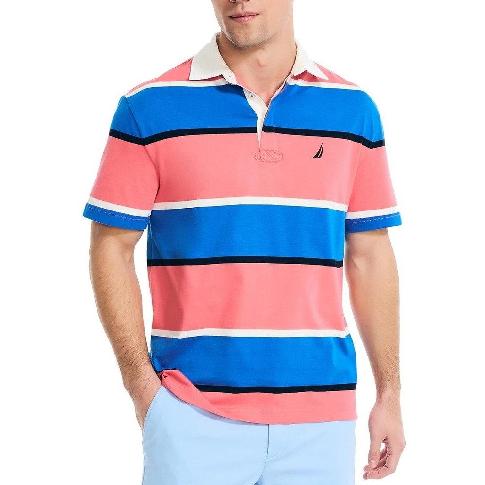 Nautica Mens Large Teaberry Striped Short Sleeve Rugby Polo Shirt Cotton L